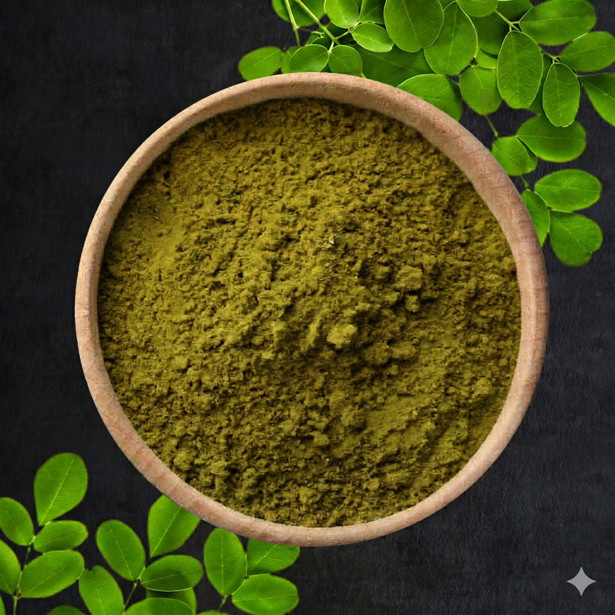 Top-down view of a clay bowl filled with green ground herb powder, with bright green leaves around it on a dark background.