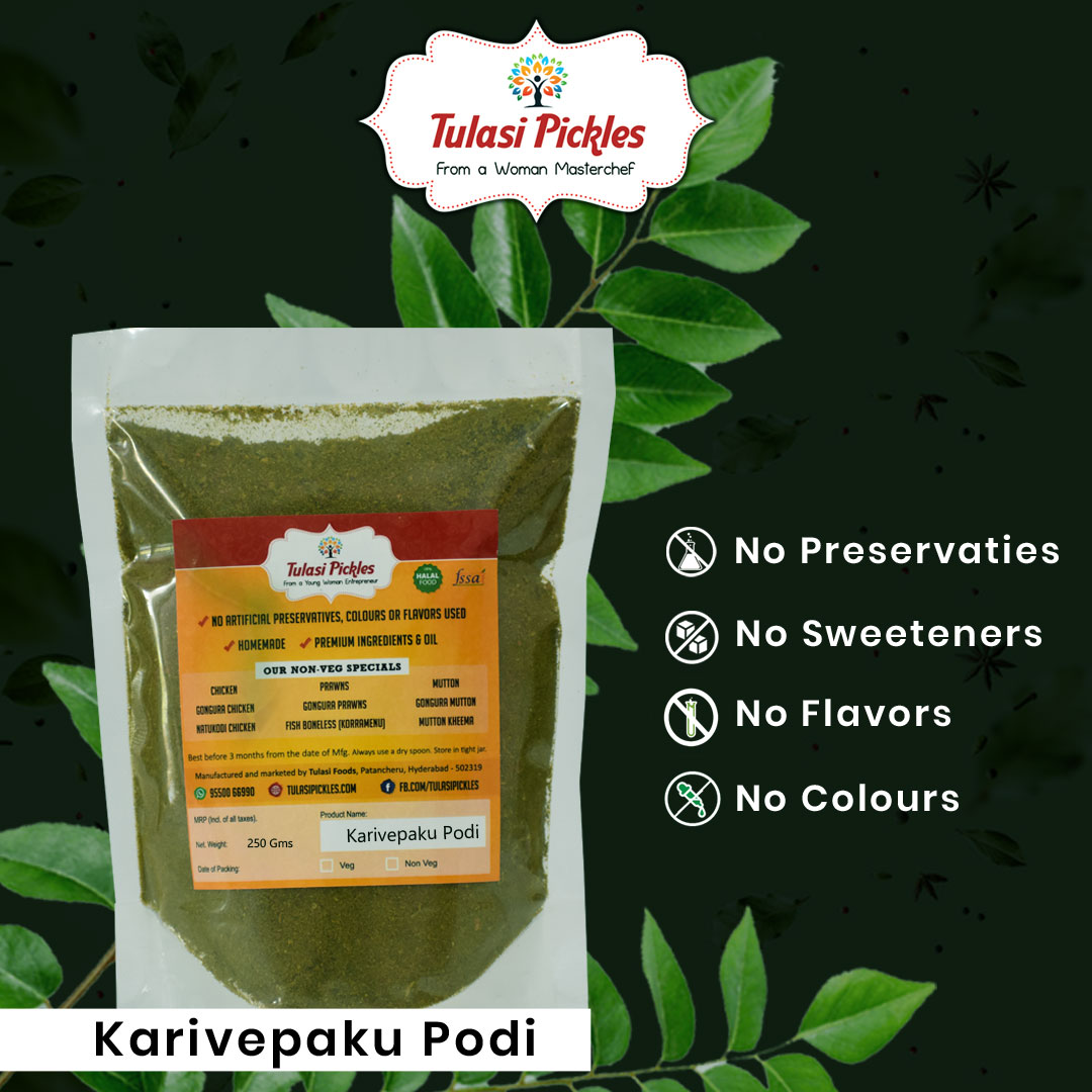 Karivepaku Karam Podi - Homemade Curry Leaf Spice Powder from Tulasi Pickle