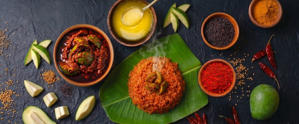 Mounded red rice served on a banana leaf, surrounded by bowls of curry, chutneys, and colorful spices on a dark surface.