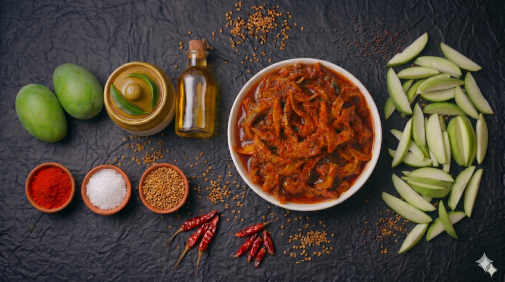 Top-down view of cooking ingredients: green mangoes, a bottle of oil, a mortar with leaves, bowls of spices, a red pepper stew, and sliced green fruit on a dark surface.