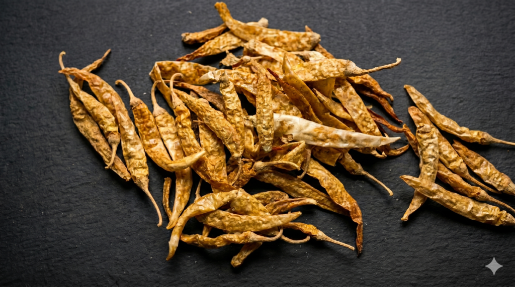 Pile of dried yellow chili peppers on a dark textured surface.