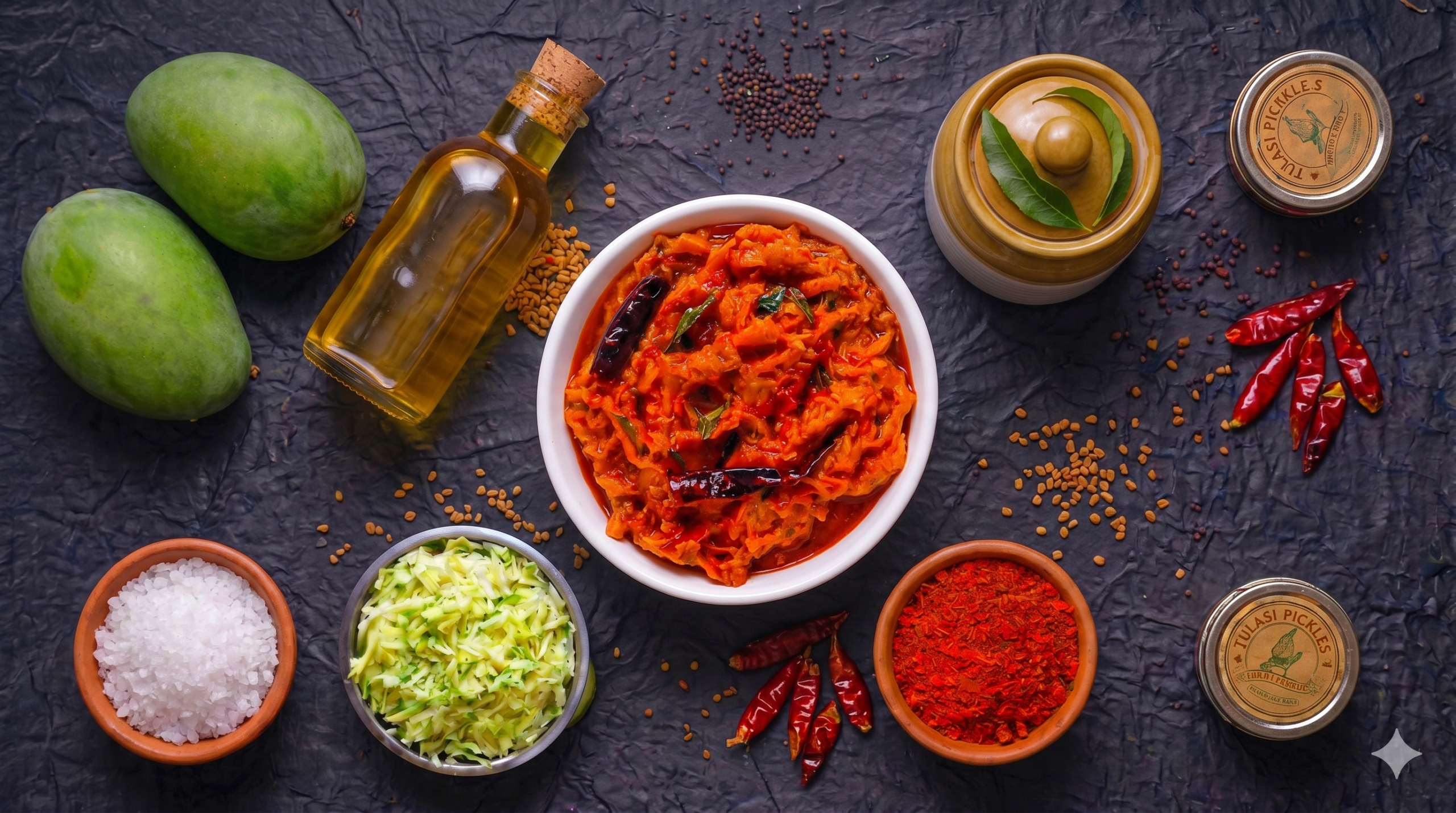 Assorted Indian condiments and spices surrounding a bowl of spicy red pickle on a dark surface, with mangoes and an oil bottle nearby.