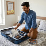 A cheerful Indian man packing a 3-layer leak-proof Tulasi Pickles pouch into a suitcase to send pickles to USA from India.