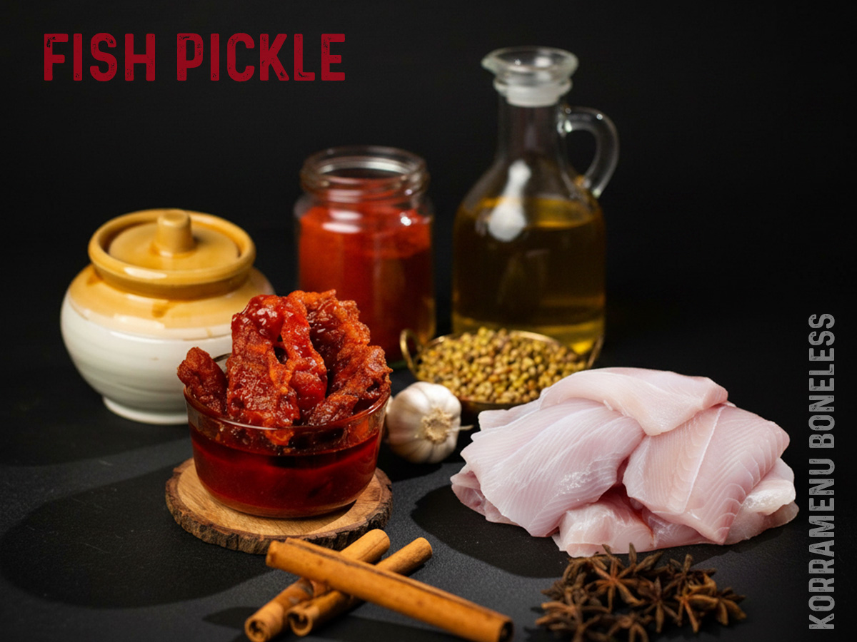 Assorted ingredients for fish pickle: sliced raw fish, jars of red pickled mixture, oil, garlic, mustard seeds, cinnamon sticks, star anise, and spices on a dark surface.