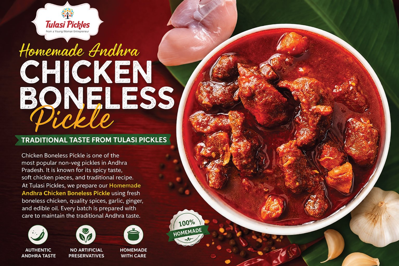 Advertisement for Tulasi Pickles' Homemade Andhra Chicken Boneless Pickle, featuring a bowl of chunky red pickle and garlic on the side.