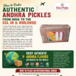 Infographic advertising Tulasi Pickles: authentic Andhra pickles shipped worldwide; shows a cardboard package, a world map graphic with route lines, and flags for USA, UK, Canada, Australia.