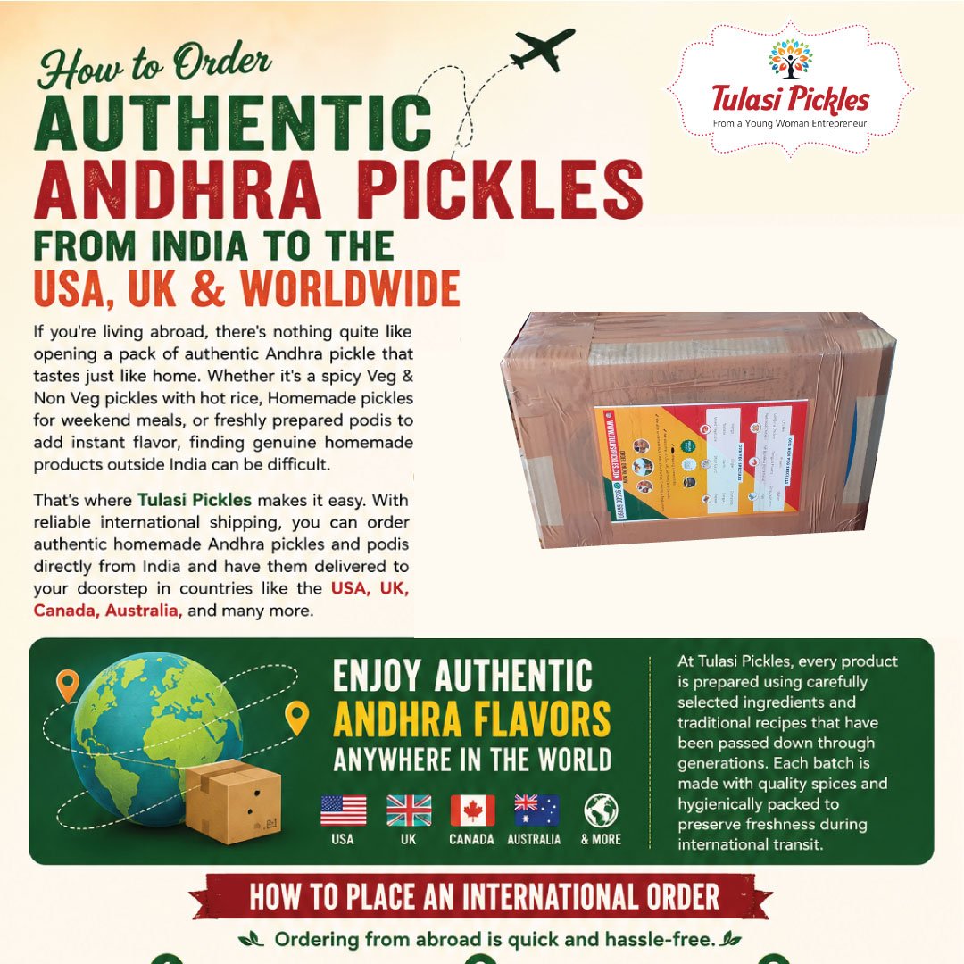 Infographic advertising Tulasi Pickles: authentic Andhra pickles shipped worldwide; shows a cardboard package, a world map graphic with route lines, and flags for USA, UK, Canada, Australia.