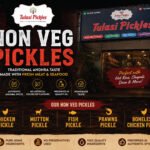 Storefront banner for Tulasi Pickles promoting Non Veg Pickles and traditional Andhra taste with multiple varieties such as chicken, mutton, fish, prawns, and boneless chicken misceled in the lineup.