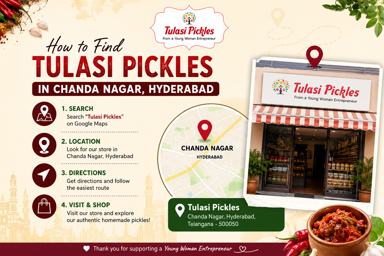 Poster promoting Tulasi Pickles in Chanda Nagar, Hyderabad with store photo and map, listing steps to find the shop: search, location, directions, visit & shop.