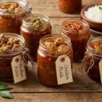 Assorted pickle jars with handwritten tags reading Mutton, Chicken, and Fish Pickle on a wooden table.
