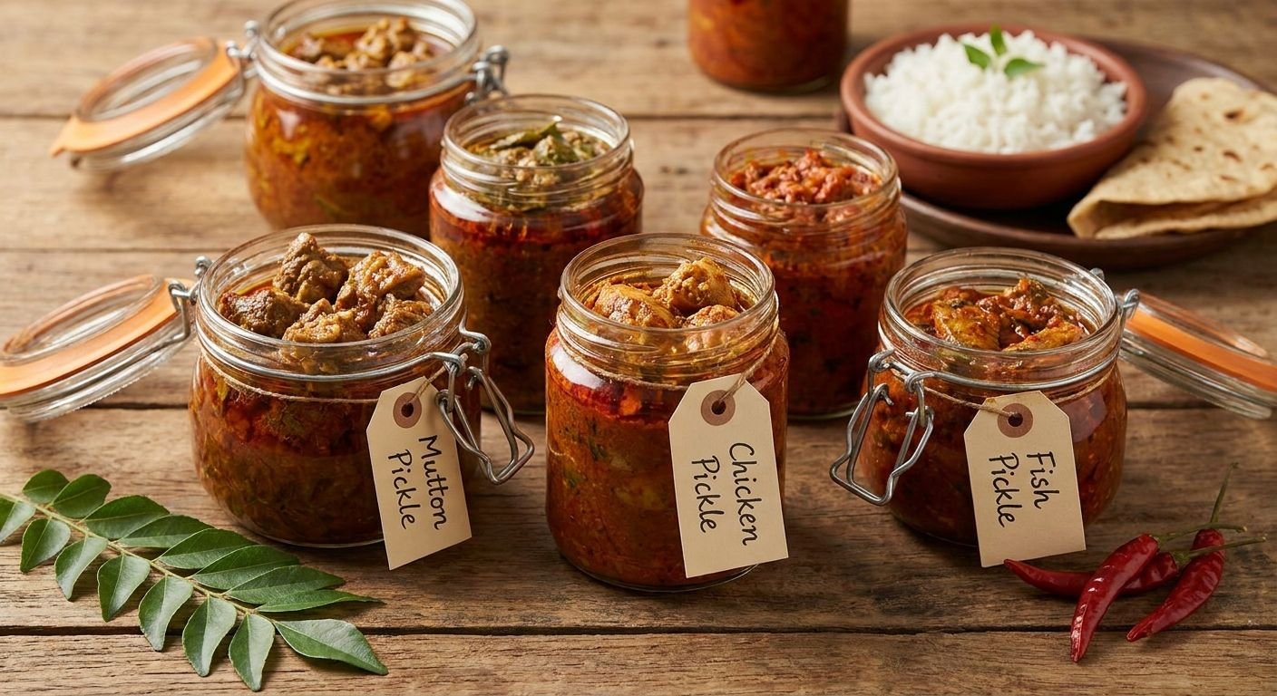 Assorted pickle jars with handwritten tags reading Mutton, Chicken, and Fish Pickle on a wooden table.