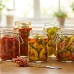 Five glass jars with colorful pickled vegetables on a wooden kitchen counter, lids clamped shut, bright window in the background.