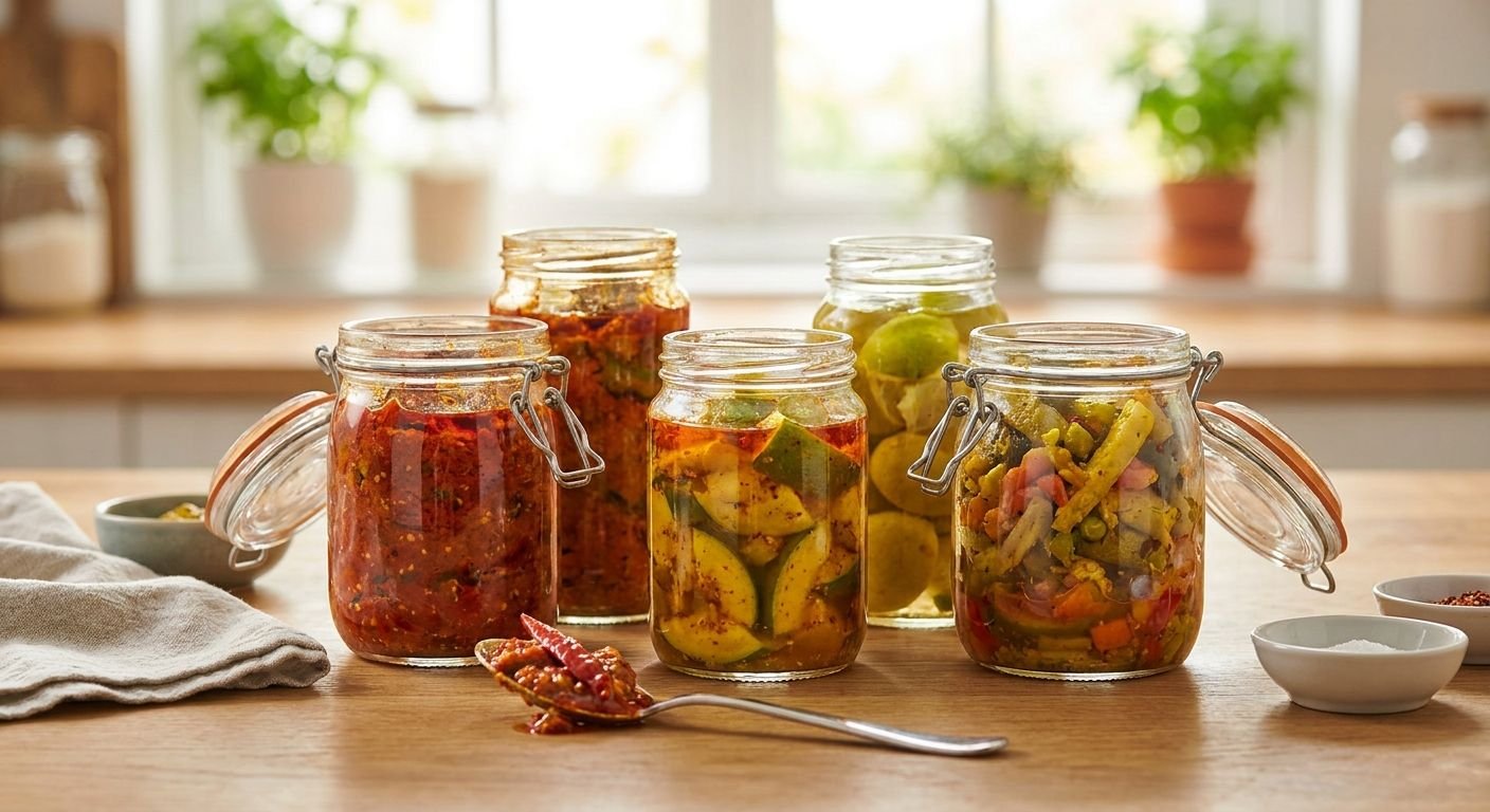 Five glass jars with colorful pickled vegetables on a wooden kitchen counter, lids clamped shut, bright window in the background.