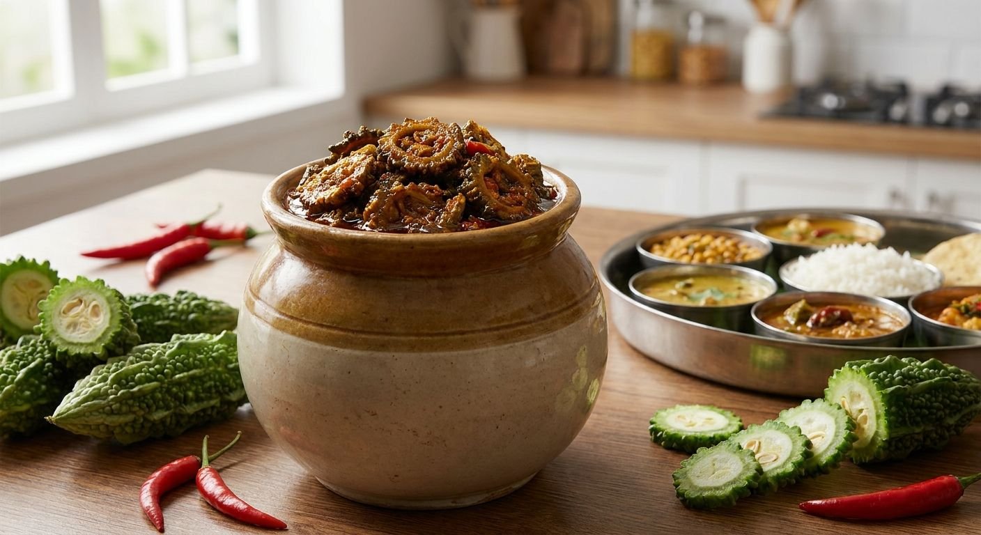Bitter gourd pickle for traditional Andhra thali