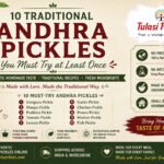 10 traditional Andhra pickles including Gongura, Mango, Lemon, Garlic, Chicken, Prawn, Mutton, and Fish Pickles from Tulasi Pickles.