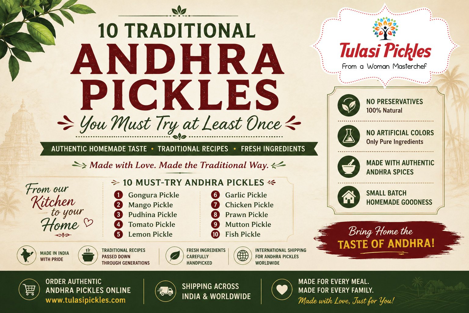10 traditional Andhra pickles including Gongura, Mango, Lemon, Garlic, Chicken, Prawn, Mutton, and Fish Pickles from Tulasi Pickles.
