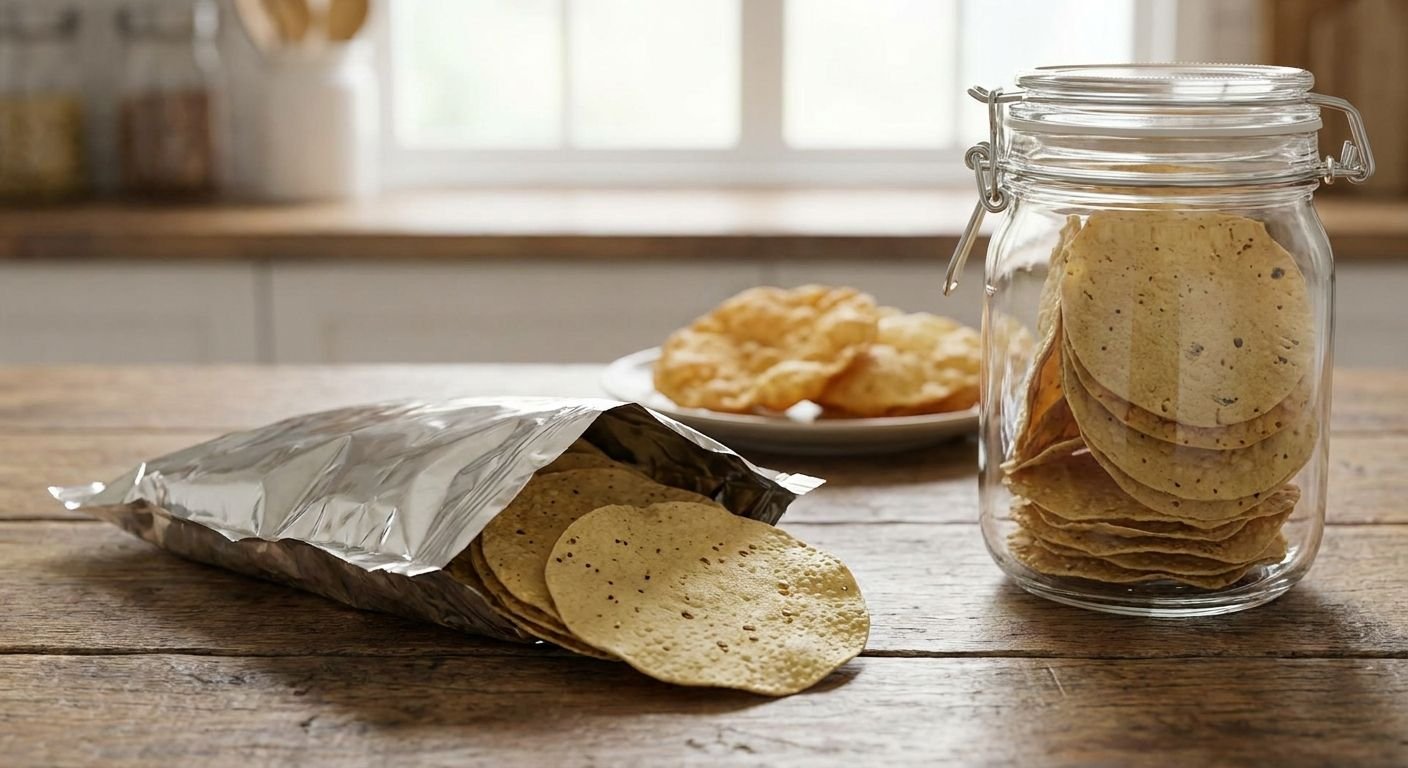 Open bag of tortilla chips on a wooden table, with a jar of chips and a plate in the background to the right.