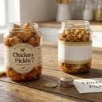 Two glass jars of chicken pickle sit on a rustic wooden table, one with a 'Chicken Pickle?' label. A smaller jar with a blank band sits nearby, with coins and a note reading 'Chicken Pickle?'