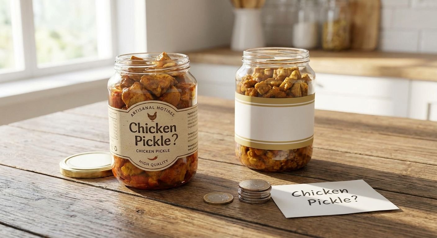 Two glass jars of chicken pickle sit on a rustic wooden table, one with a 'Chicken Pickle?' label. A smaller jar with a blank band sits nearby, with coins and a note reading 'Chicken Pickle?'
