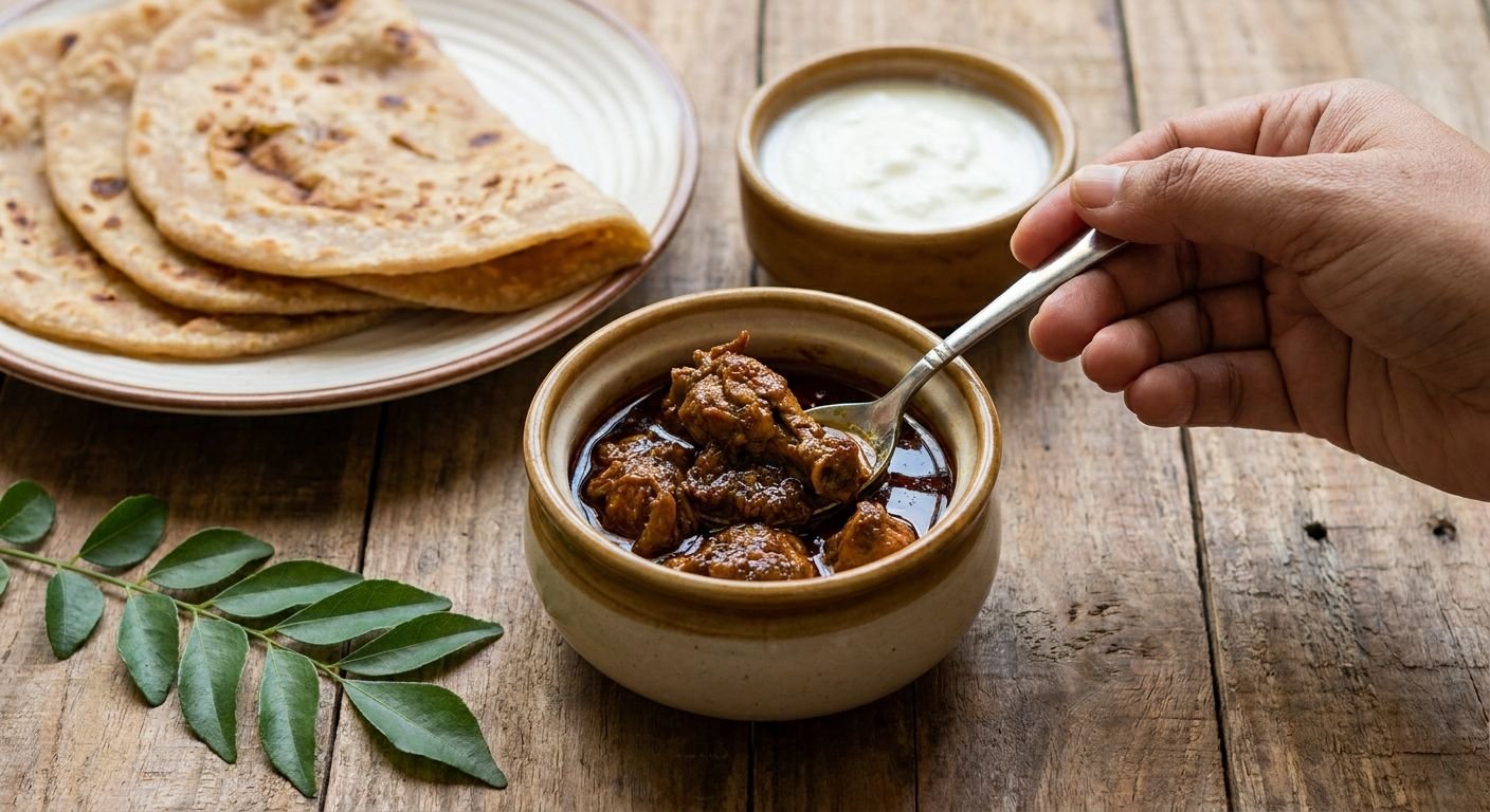 Hand using a spoon to scoop braised meat from a small ceramic pot, with flatbreads on a plate and a yogurt bowl in the background on a wooden table.