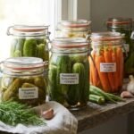Row of glass jars with homemade pickles and carrots on a wooden counter, labels show dates; dill and garlic nearby.