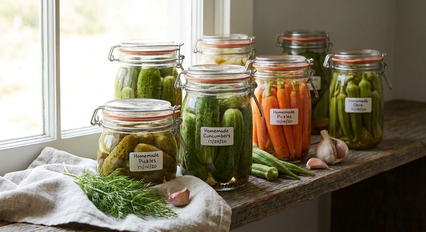 Row of glass jars with homemade pickles and carrots on a wooden counter, labels show dates; dill and garlic nearby.
