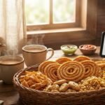 Basket of assorted Indian snacks (murukku, fried rings, sev) with a teapot and two mugs on a wooden table; a tablet on the right shows a search for 'murukku online'.