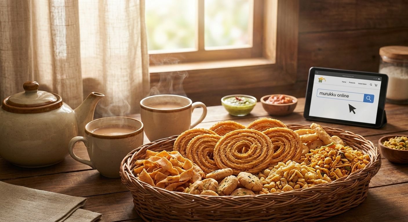 Basket of assorted Indian snacks (murukku, fried rings, sev) with a teapot and two mugs on a wooden table; a tablet on the right shows a search for 'murukku online'.
