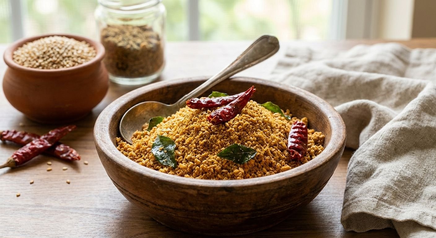 Wooden bowl of crispy spiced gram with curry leaves and dried red chilies, on a wooden table with spice jars in the background.