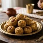 Pile of besan ladoos on a brass platter atop a rustic wooden table, with a spoon nearby.