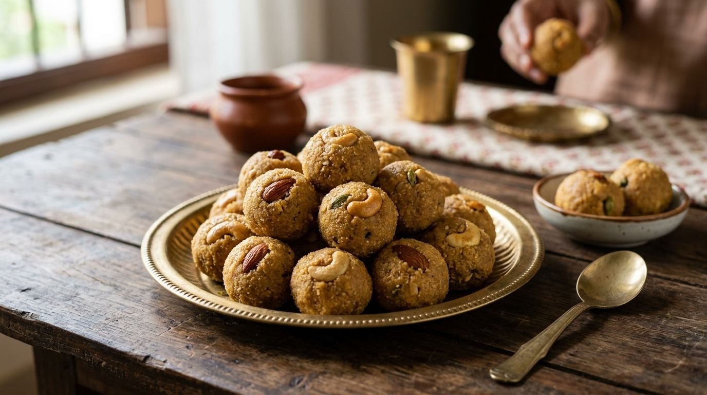Pile of besan ladoos on a brass platter atop a rustic wooden table, with a spoon nearby.