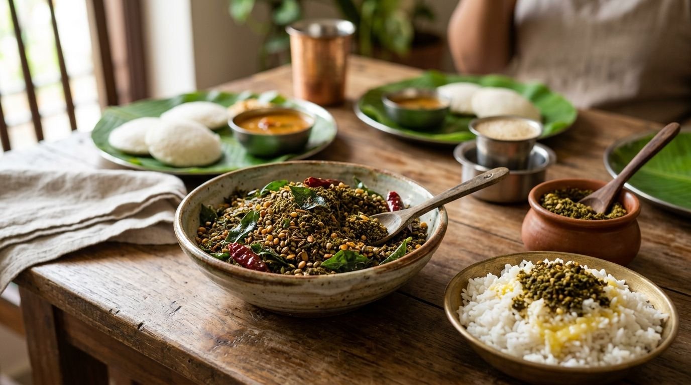Rustic table setting with Indian meal: bowl of spiced lentil mix with greens and seeds, beside a bowl of white rice topped with seeds.