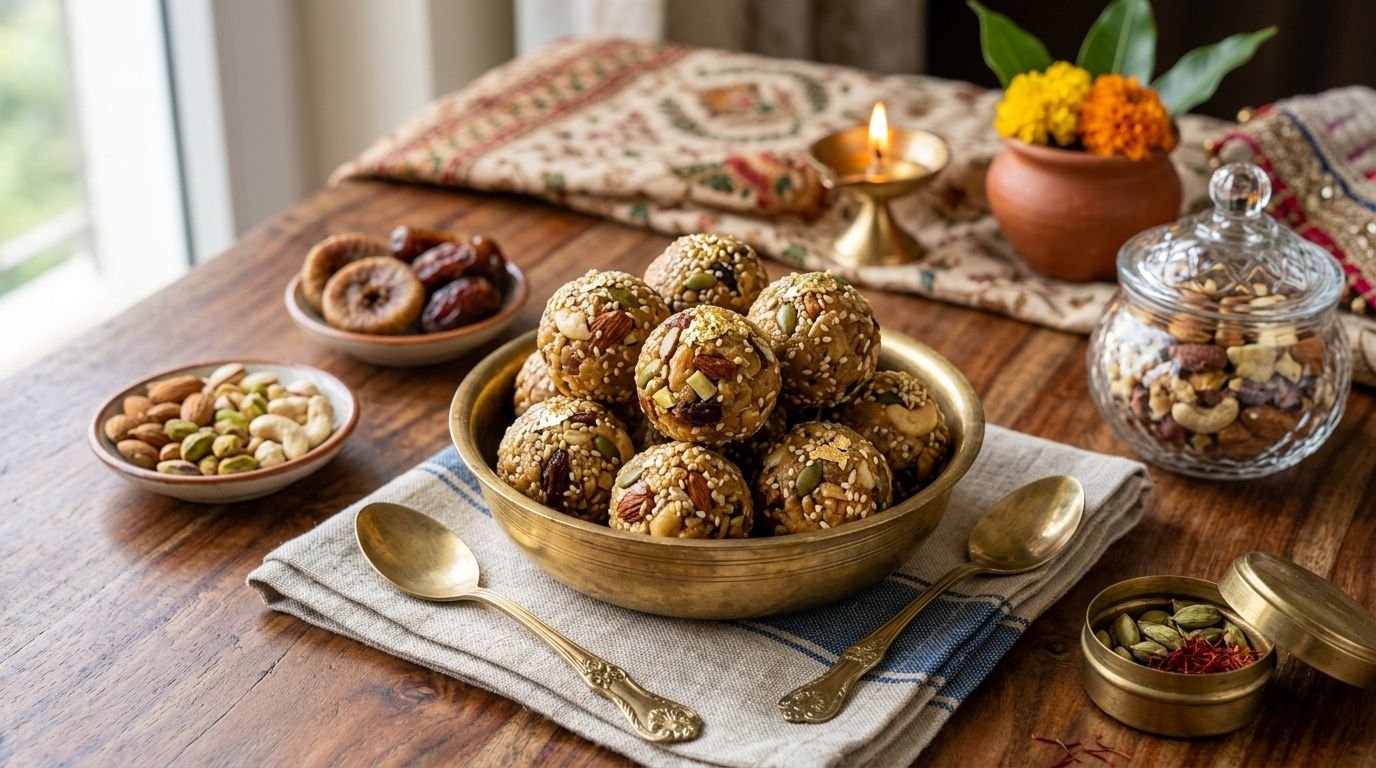 Brass bowl of sesame-coated laddus stacked on a wooden table, surrounded by bowls of nuts and dried fruits.