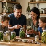 A family of four bottles pickles and veggies at a kitchen island, two kids helping adults with jars on a sunny wooden counter.