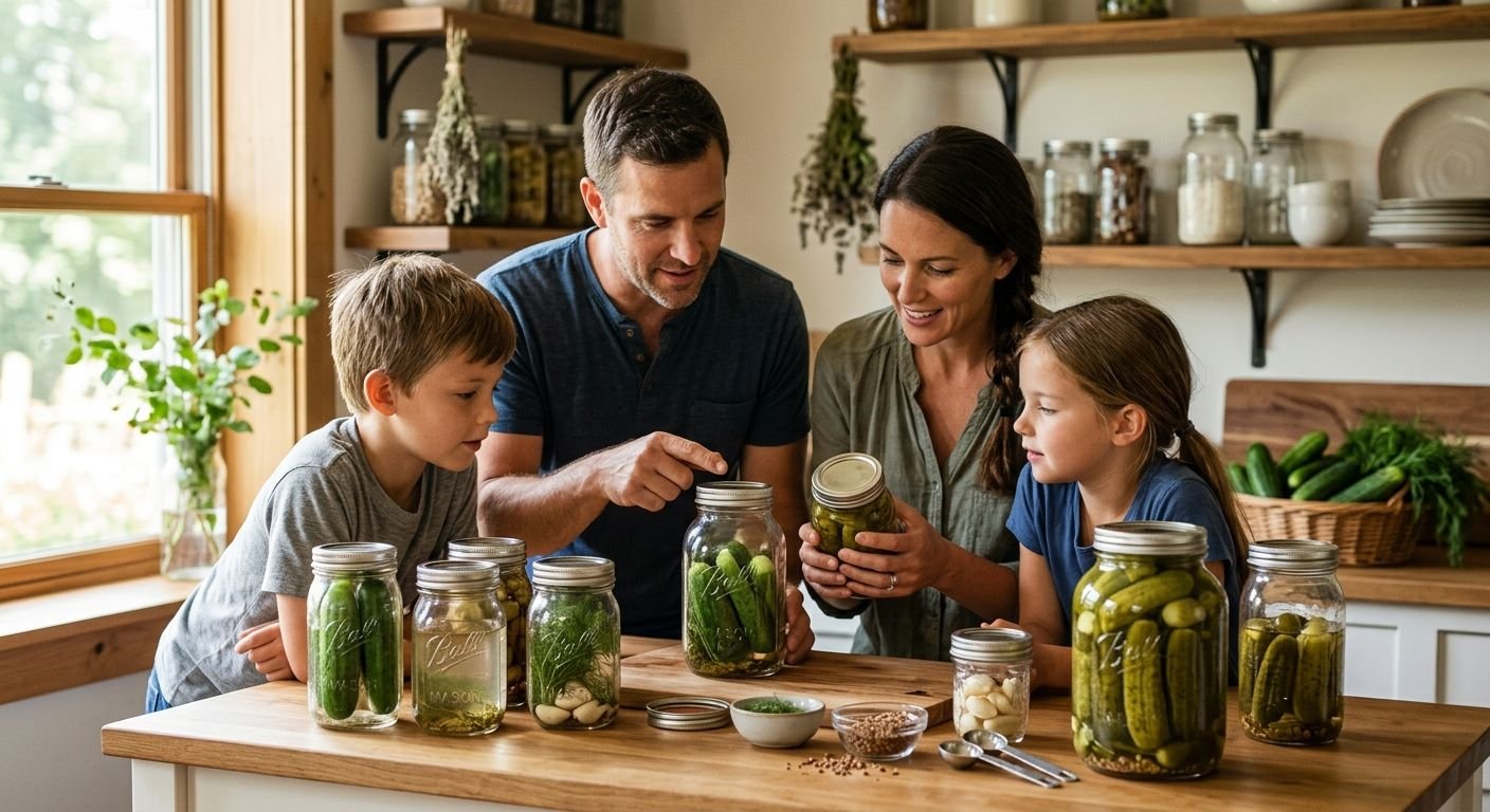 A family of four bottles pickles and veggies at a kitchen island, two kids helping adults with jars on a sunny wooden counter.