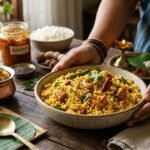 Hands cradle a large bowl of yellow spiced rice with peanuts and herbs on a rustic wooden table.