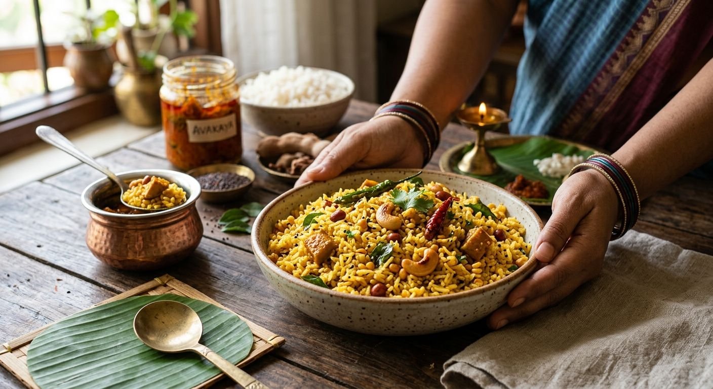 Hands cradle a large bowl of yellow spiced rice with peanuts and herbs on a rustic wooden table.