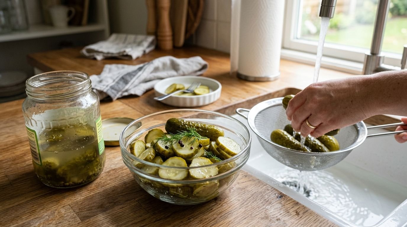 How to reduce oil in store-bought pickles before serving