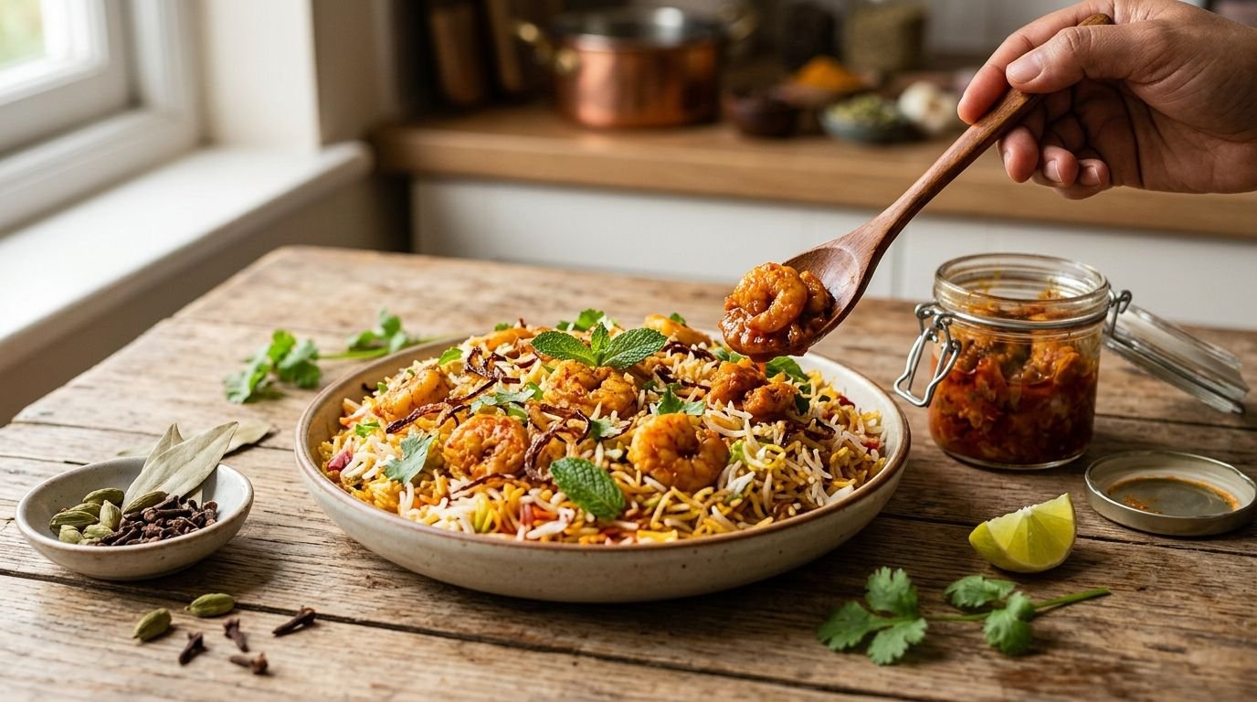 How to use prawns pickle in quick biryani recipes
