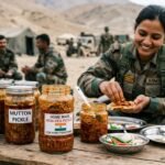Female Indian Army personnel in a desert field camp sharing a meal; front table shows jars of pickles labeled Non-Veg, Mutton, and Home Made Non-Veg Pickle for Army personnel.