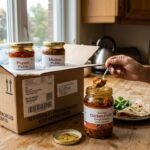 Open cardboard box on a kitchen counter reveals several pickle jars; a hand scoops Gourmet Chicken Pickle from its jar with a spoon.