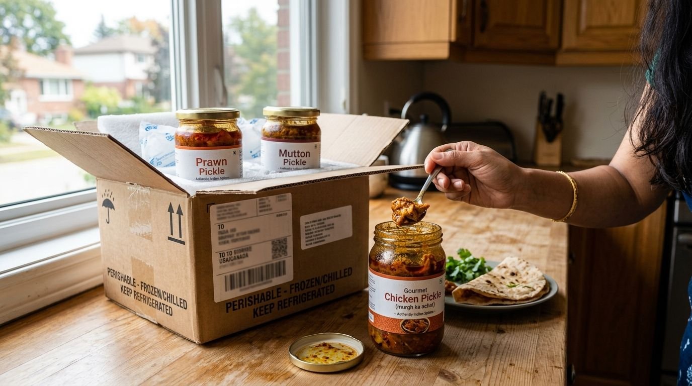 Open cardboard box on a kitchen counter reveals several pickle jars; a hand scoops Gourmet Chicken Pickle from its jar with a spoon.