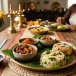 Indian thali with steamed rice and assorted curries on a banana leaf, served on a brass tray at a wooden table with a woman in a sari nearby.