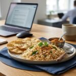 Desk at an office with a laptop, notebook and a plate of spiced rice with papadums and a coffee mug.