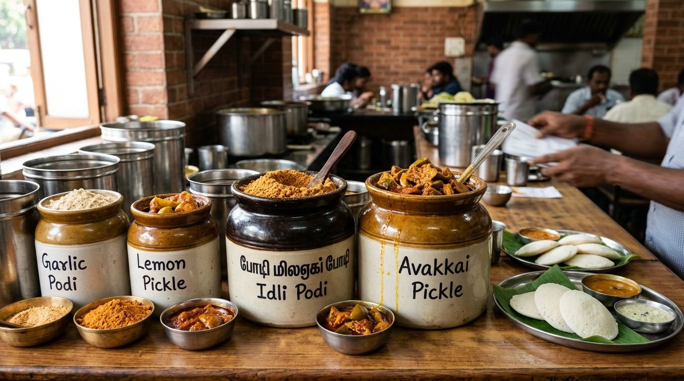 Row of ceramic jars labeled Garlic Podi, Lemon Pickle, Idli Podi, and Avakkai Pickle on a wooden counter in an Indian eatery.