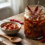 Jar of chili paste with whole peppers soaking in a spicy brine on a rustic wooden table, with a bowl of chopped pepper sauce and a wooden spoon nearby