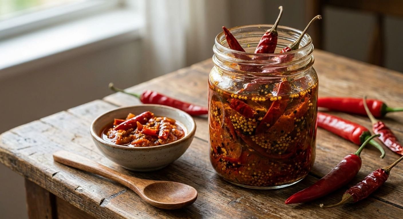 Jar of chili paste with whole peppers soaking in a spicy brine on a rustic wooden table, with a bowl of chopped pepper sauce and a wooden spoon nearby