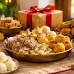 A festive spread of Indian sweets and snacks on a wooden table with wrapped gifts in the background.