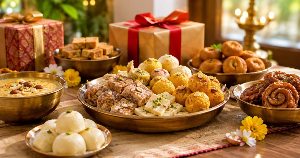A festive spread of Indian sweets and snacks on a wooden table with wrapped gifts in the background.