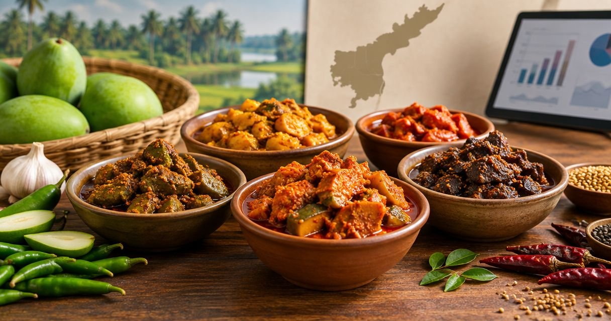Assorted Indian curries in brown clay bowls on a wooden table, with peppers, garlic, and a map plus a charts tablet in the background.